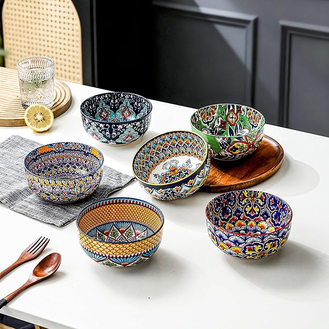 HENXFEN LEAD Boho Cereal Bowls Set of 6, 28 oz Ceramic Soup Bowls – Colorful Bowls for Salad, Oatmeal, Ramen, Rice and Pasta, Microwave & Dishwasher Safe
