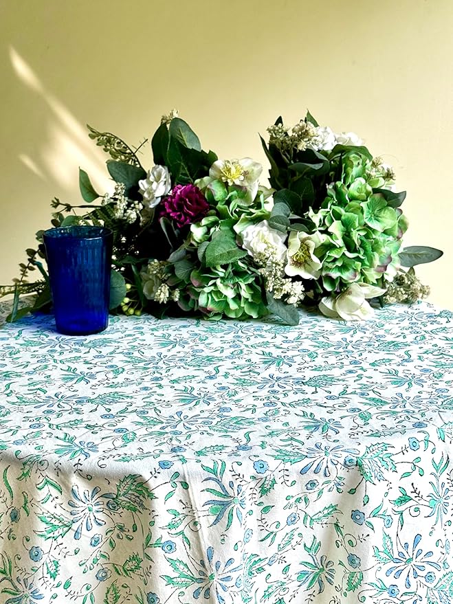 ATOSII Aster Blue 100% Cotton Round Tablecloth, Handblock Print Floral Table Cloth for Kitchen Dining Linen I Parties, Weddings, Outdoors, Easter, Spring Summer Decor I 72" Inches Round