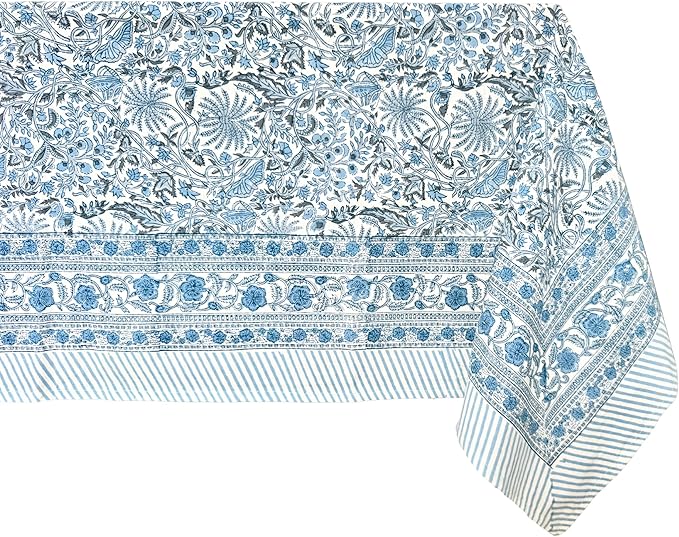 ATOSII Butterfly Blue 100% Cotton Rectangle Summer Tablecloth, Handblock Floral Print Linen Table Cloth for Kitchen Dining I Parties, Weddings, Outdoors, Decor 60 X 90 Inches, 6 Seater