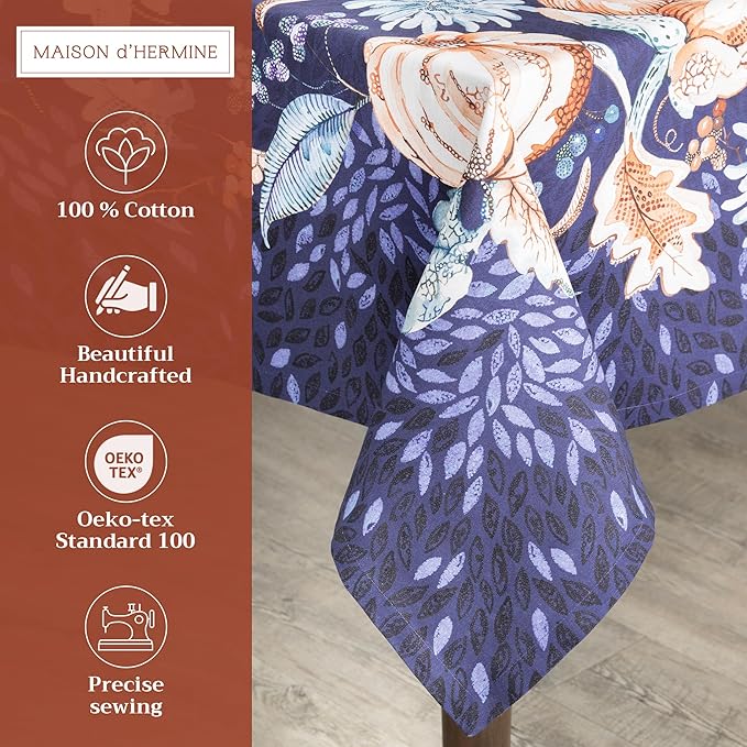 Maison d' Hermine Table Cloth Square Table 100% Cotton 60 x 60 Inches Fall Tablecloth Reusable Everyday Use for Thanksgiving Christmas Decorations Dining Farmhouse Party (Pumpkin Blues)