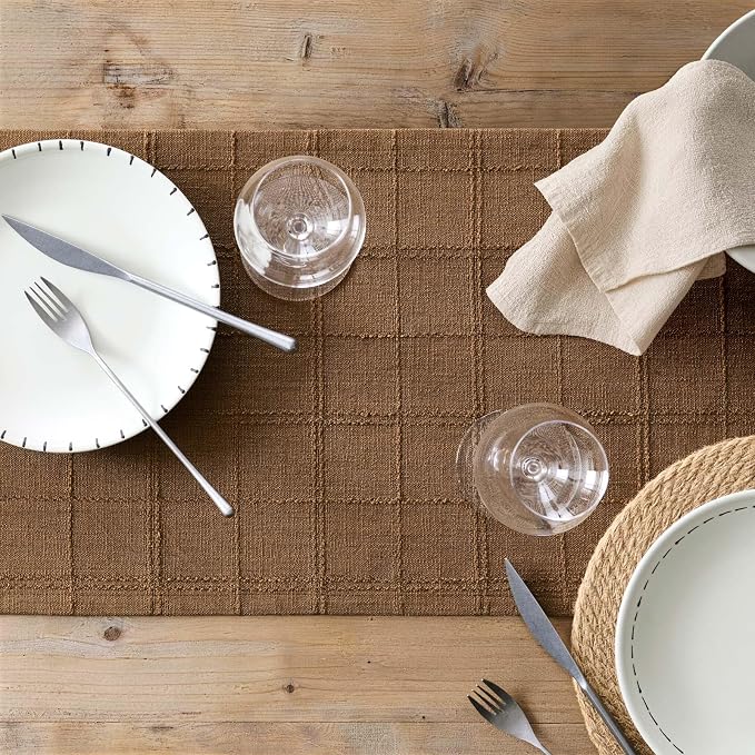 Linen Checked Farmhouse Table Runner, 13x60 Inches Roasted Brown | Raised Grid - Image 7