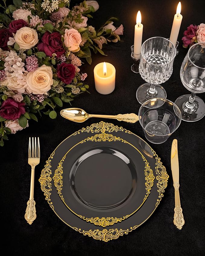 Nervure 100PCS Black and Gold Plastic Plates - 10.25Inch Black Disposable Plates - Black Plastic Dinner Plates for Wedding & Party & New Year