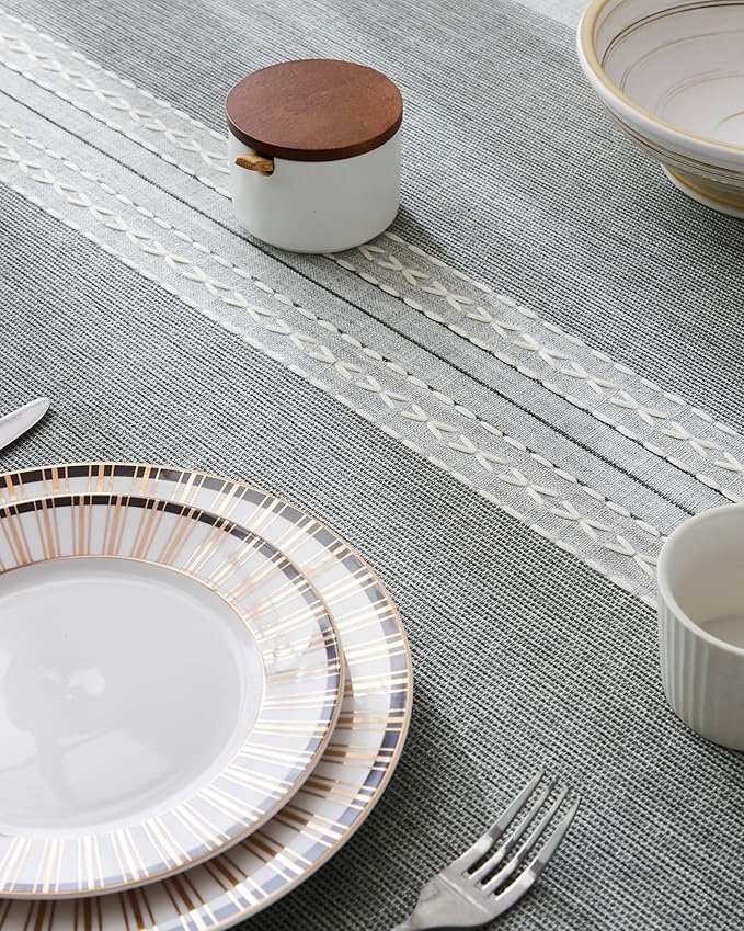 ZeeMart Contrast Linen Round Tablecloth 60 Inch Mid-Stripe Grey, Farmhouse Style Round Table Cloth Heavy Weight Grey Tablecloths, Water Resistant Burlap Table Cloths