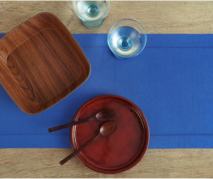 Solino Home 100% Pure Linen Table Runner Blue, Classic Hemstitch 14 x 90 in | - Image 3