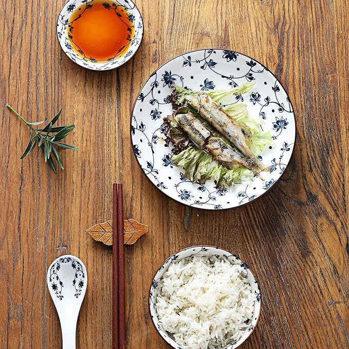 Gegong Blue and White Porcelain Dinnerware Set, Dishes, Bowl, Spoon, Chopsticks, Service for 1, Colorful Glazed Ceramic Set, Gift Box Packaging (Willow Leaves)