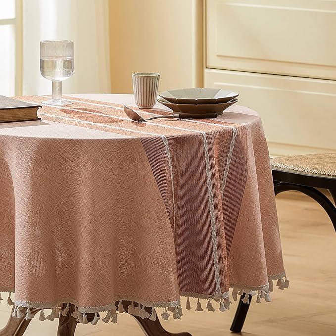 ZeeMart Contrast Linen Round Tablecloth 52 Inch Orange, Farmhouse Style Round Table Cloth Heavy Weight Burnt Orange Fall Tablecloths, Water Resistant Burlap Table Cloths
