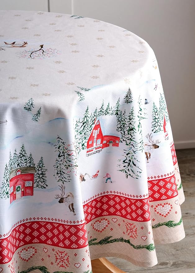 Maison d' Hermine Table Cloth Round Table 100% Cotton 63 Inches Fall Tablecloth Reusable Everyday Use for Thanksgiving Christmas Decorations Dining Farmhouse Party (Rural Christmas)