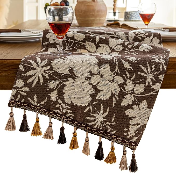 Floral Dark Brown Botanical Table Runner 13 x 48 Inch | Jacquard Flower by HomeyHo