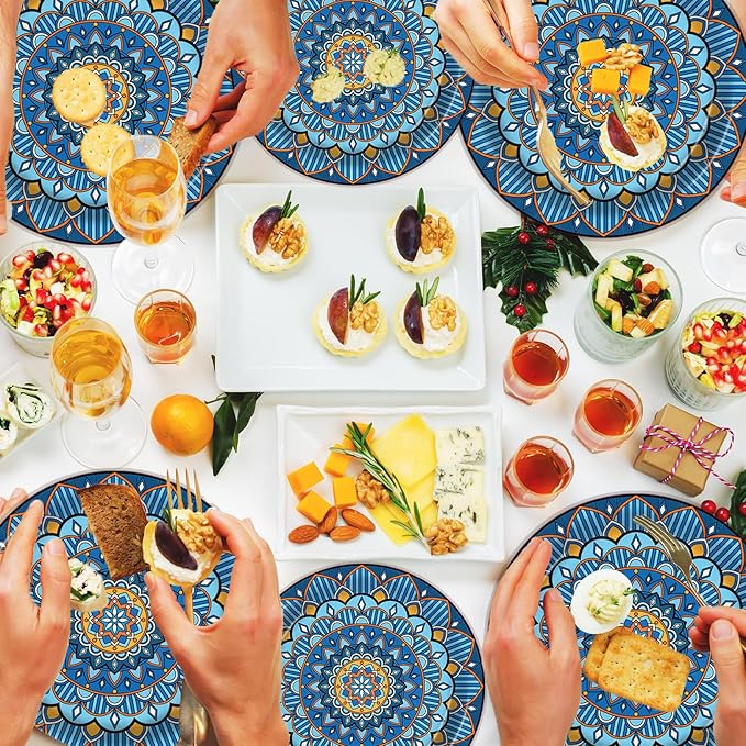 100PCS Boho Paper Plates 7Inch & 9Inch, Vintage Bohemian Disposable Dinnerware Plates for Birthday Gatherings Holiday Favor Baby Shower Party Supplies,50 Guests(Blue)