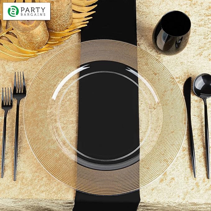 PARTY BARGAINS 13-Inch Charger Plates - 8 Pack, Clear Gold Rope Textured Rim, Heavy-Duty Disposable Chargers for Elegant Dining - Ideal for Weddings and Formal Events