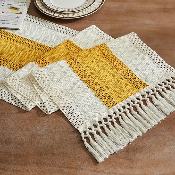 Macrame Style Bicolor Stitching Table Runner 14x48in Mustard | Woven Boho Table by ZEEMARTONLINE