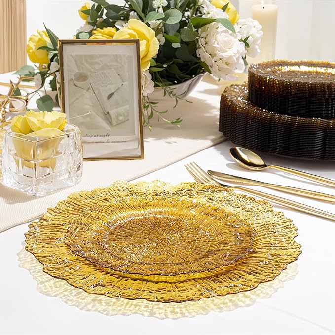 U-QE 60PCS Clear Yellow Plates - Yellow Plastic Plates Disposable&Reusable - Heavy Duty Plastic Plate for Party&Wedding Including 30 Dinner Plate 10" & 30 Appetizer 7"