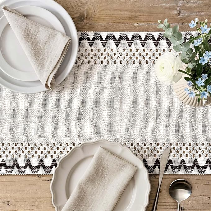 Macrame Side Trim Boho Woven Table Runner, Chocolate 12x108 Inch | Crochet - Image 3