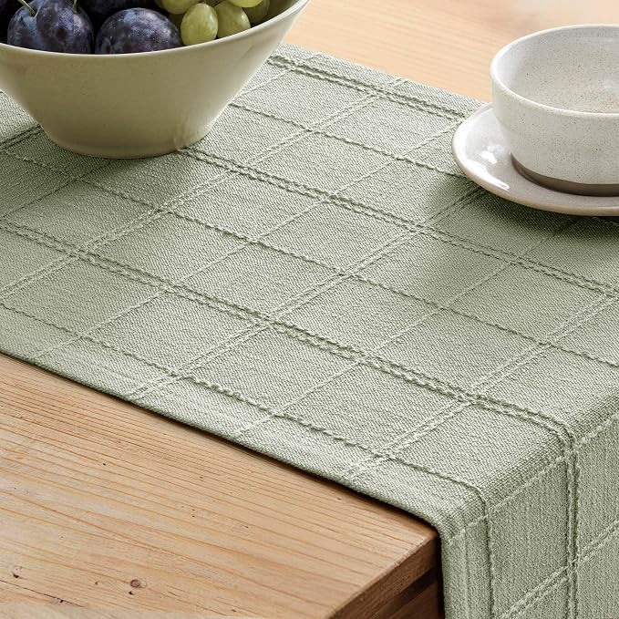 Linen Checked Farmhouse Table Runner, 13x48 Inches Seeding Green | Raised Grid - Image 5