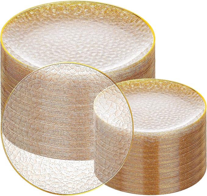 Rubtlamp 100Pcs Clear Gold Plastic Plates, Hammered Plastic Plates Included 50 by Rubtlamp