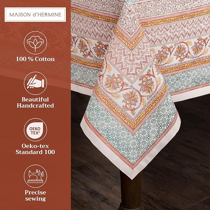 Maison d' Hermine Table Cloth Square Table 100% Cotton 54 x 54 Inches Fall Tablecloth Reusable Everyday Use for Thanksgiving Christmas Decorations Dining Farmhouse Party (Nila)