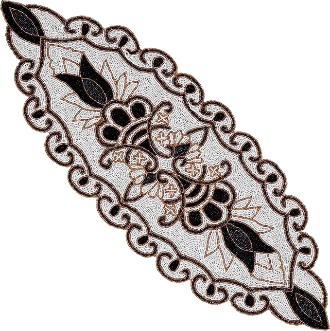 Floral Beaded Table Runner, 36x13 in, polyester backing, floral pattern by CLEENTABLE