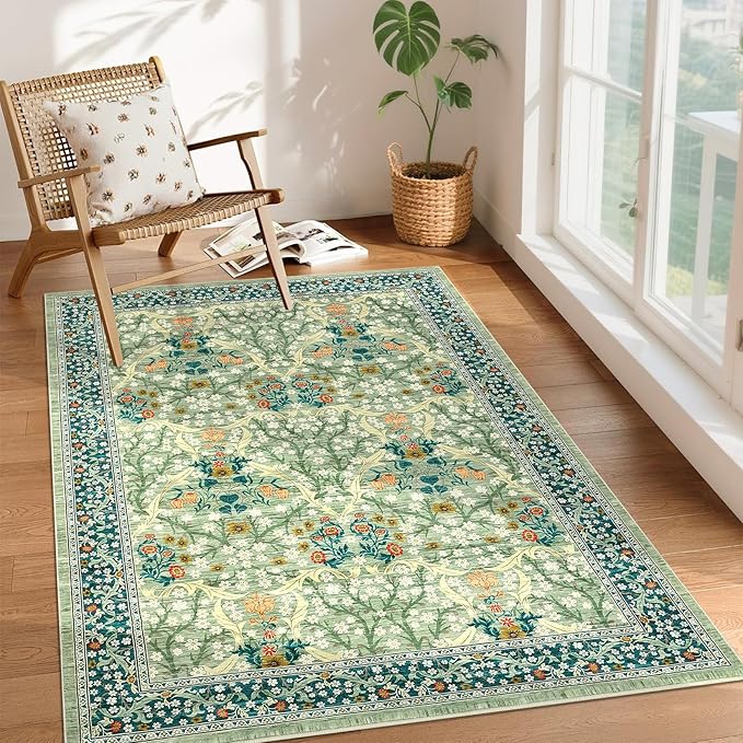 GarveeHome Floral 3x5 Area Rugs for Entryway, Washable Kitchen Rug Non Slip, Low Pile Bedroom Rug, Ultra Soft Stain Resistant Small Carpet for Laundry Room, Sage Green