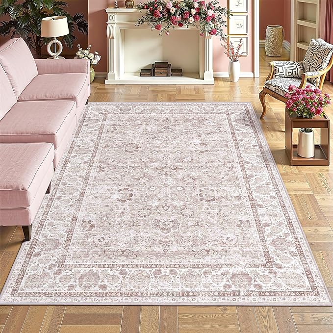 Pink Area Rugs 5x7 Nursery Rug for Baby Girl Neutral Floral Area Rug for Living Room, Vintage Boho Washable Rug Indoor Carpet for Bedroom Dining Room