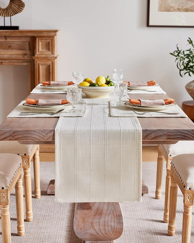 Linen Checked Farmhouse Table Runner, 13x48 Inches Ivory | Raised Grid Design - Image 2