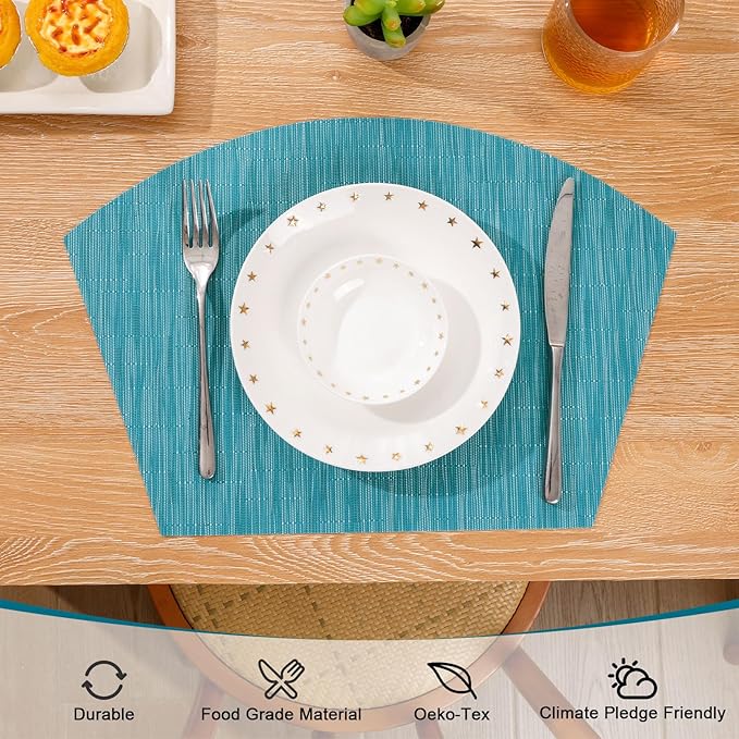 SHACOS Round Table Placemats Set of 7 Woven Vinyl Wedge Placemats with Centerpiece Heat Resistant Table Mats Wipe Clean (7, Teal Blue)