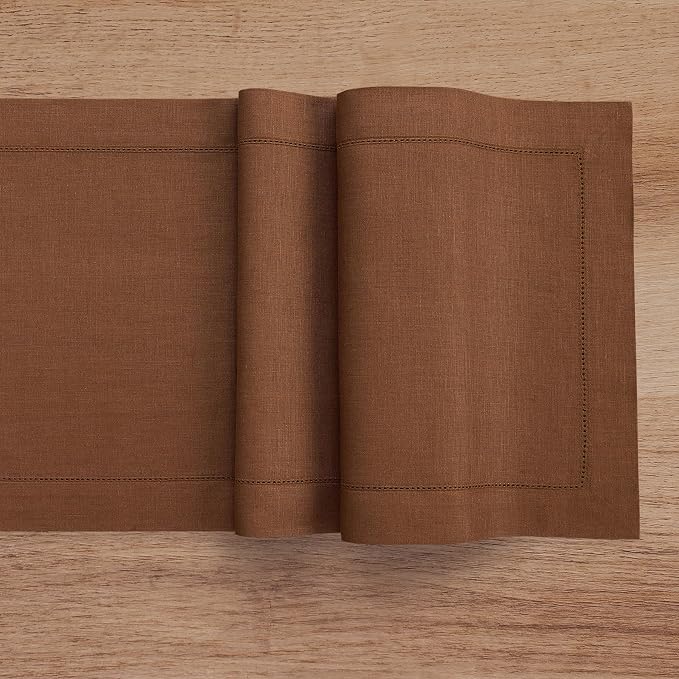 Solino Home 100% Linen Table Runner Brown, Classic Hemstitch 14 x 120 in | - Image 3