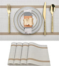 SLKQG Beige White Placemats Set of 4 - Easy Clean Modern Washable Plastic Place Mats - Heat Resistant Placemats for Kitchen Table - PVC Table Mats for Dining Table(Beige White with Stripes, 4)