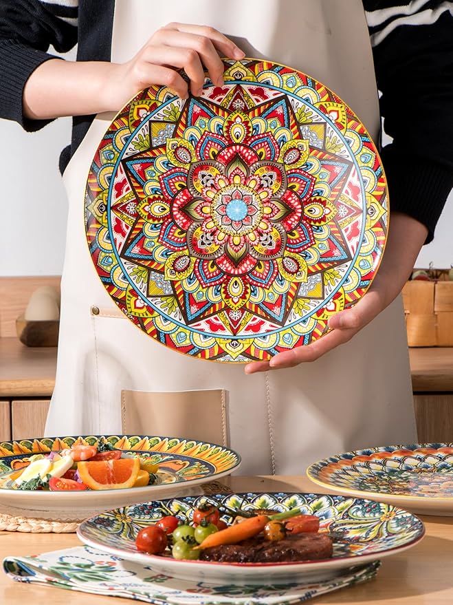 Henten Home Dinner Plates Set of 6, 10.5 Inch Porcelain Plate, Colorful Bohemian Serving Dishes for Kitchen, Pasta, Salad, Decorative, Microwave & Dishwasher Safe