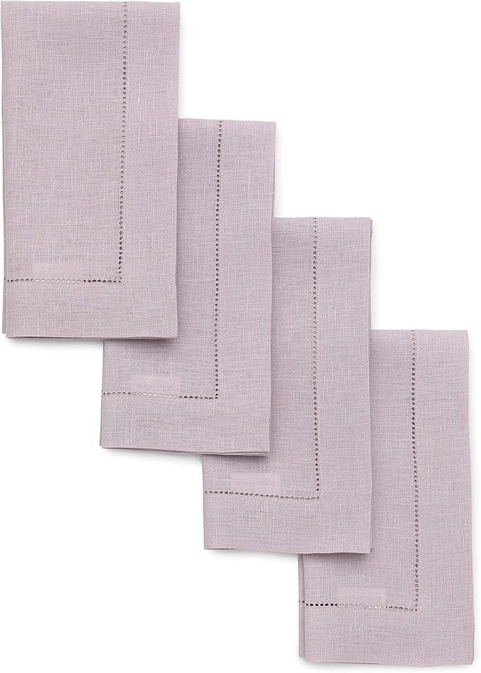 Solino Home Linen Napkins Set of 4 - Classic Hemstitch 100% Pure Linen Lilac Dinner Napkins Cloth 20 x 20 Inch for Valentines, Spring, Easter - Handcrafted and Machine Washable
