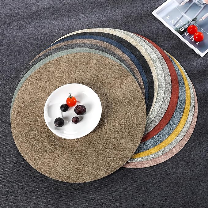 Myir JUN Round Placemats Dual Sided, Faux Leather Place Mats Set of 8 Indoor for Dining Table Outdoor Non-Slip Washable Table Mats (Set of 8, Gray Sage Green)