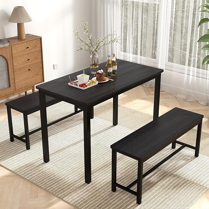 Sturdy Durable Dining Table Set for 4 with Bench, Easy to Assemble Kitchen Table with Bench, Space-Saving Ideal 4-Person Set for Daily Meals, brunches, or workspace,Black