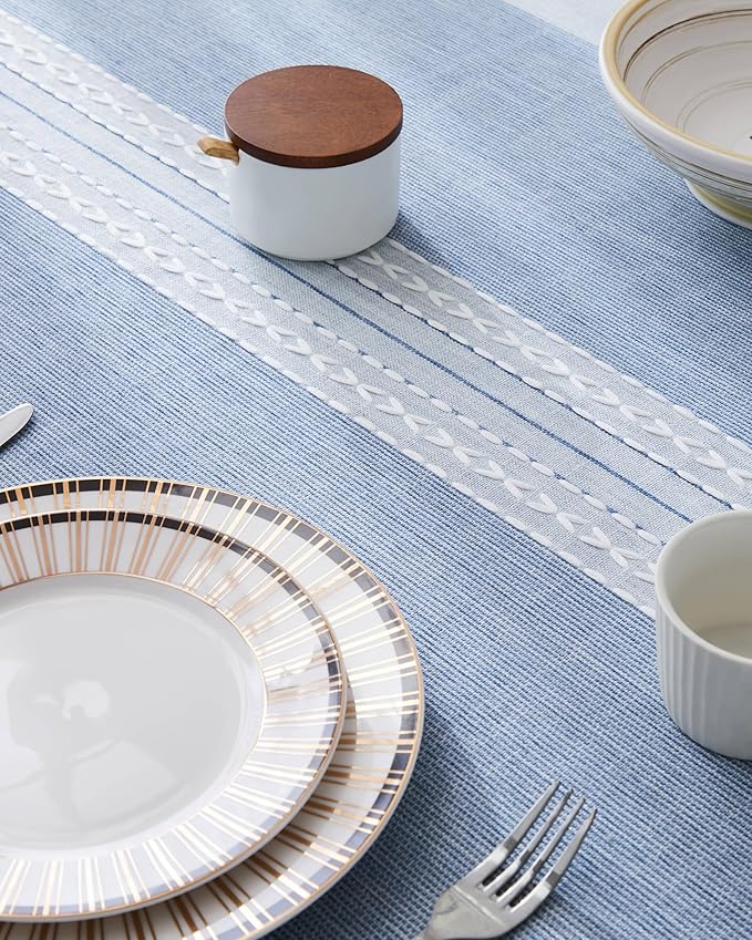 ZeeMart Contrast Linen Table Cloth Square Table Cloths 60x60 Inch Mid-Stripe Blue, Farmhouse Style Heavy Weight Dusty Blue Tablecloth, Water Resistant Burlap Tablecloths
