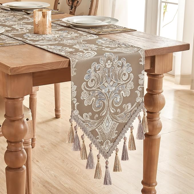 Loom and Mill Damask Floral Table Runner 72 Inches Long, Light Coffee | Luxury - Image 6