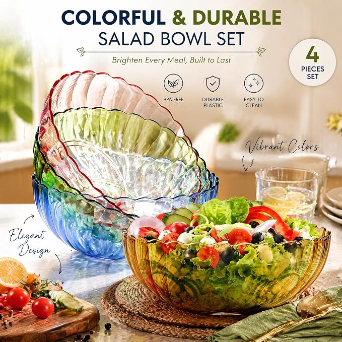 Fasmov 4 Pack Plastic Serving Bowls, Plastic Salad Mixing Bowls, 74oz Break - Image 3