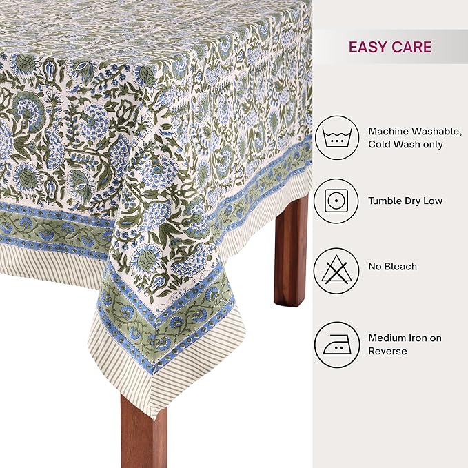 ATOSII Clover Blue 100% Cotton Rectangle Spring Tablecloth, Handblock Floral Linen Table Cloth for Kitchen Dining Table I Parties Weddings Outdoors Easter Home Decor 72 X 120 Inches I 10 Seater