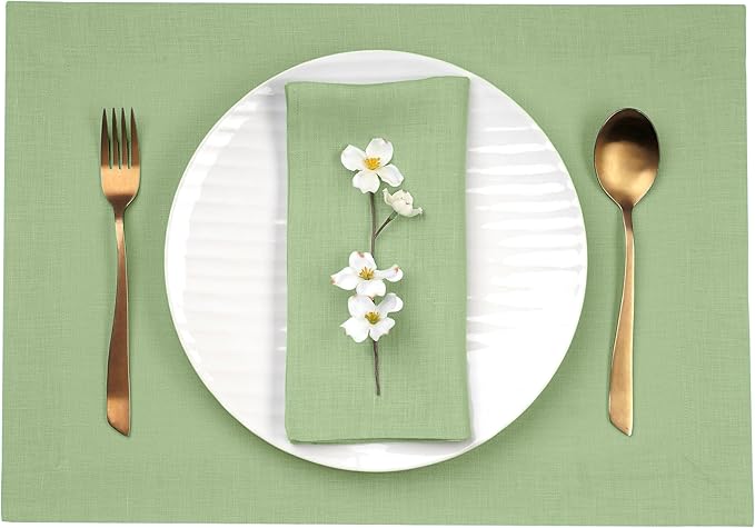 D'Moksha Homes Linen Placemats 14 x 19 Inch - Sage Green Placemats Set of 4-100% Pure Linen Table Place Mats for Spring, St Patricks Day, Easter - Handcrafted and Machine Washable