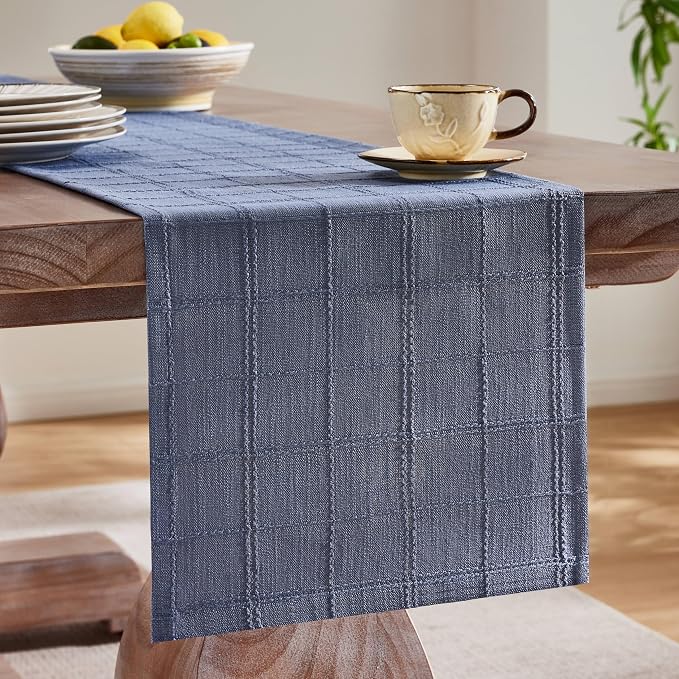 Linen Checked Farmhouse Table Runner, 13x72 Inches Blue | Raised Grid Design - Image 4