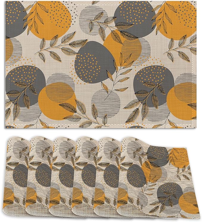Leaves Place Mats Set of 6, Stripes and Dots Table Mats,Heat Insulation Non Slip Washable Dining Placemats for Wedding Holiday Party Kitchen Decor 12X18 in