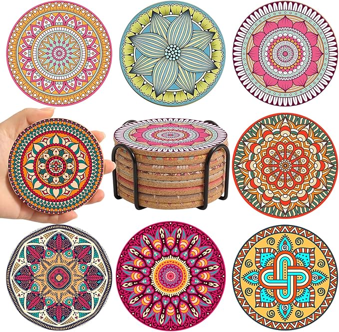 Cork Coasters Set of 8 with Holder, Colorful Cup Coaster by Puluole