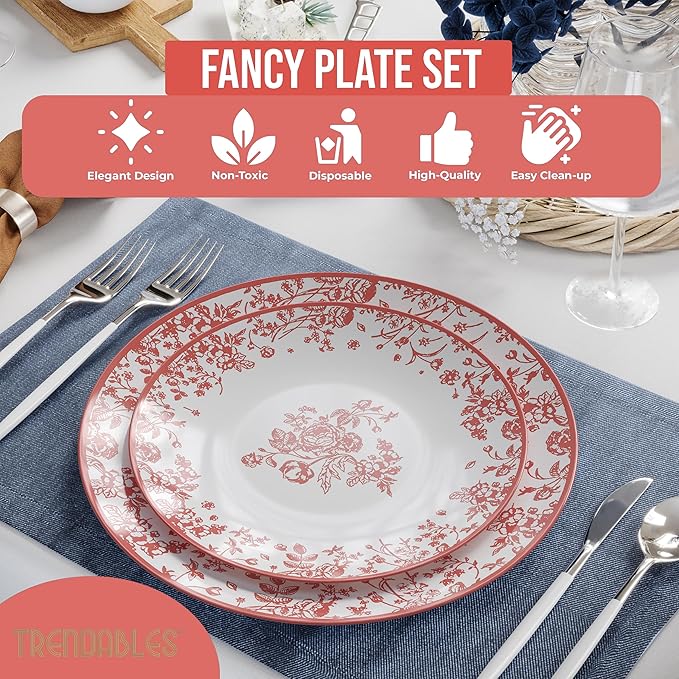 Trendables Disposable Plates For Party Supplies | Pink Floral Plastic Plates For Wedding 200 Pcs - 100 X 8 & 100 X 10 Dinner Plate Sets | Floral Plate Set Disposable Plastic Dinnerware Sets