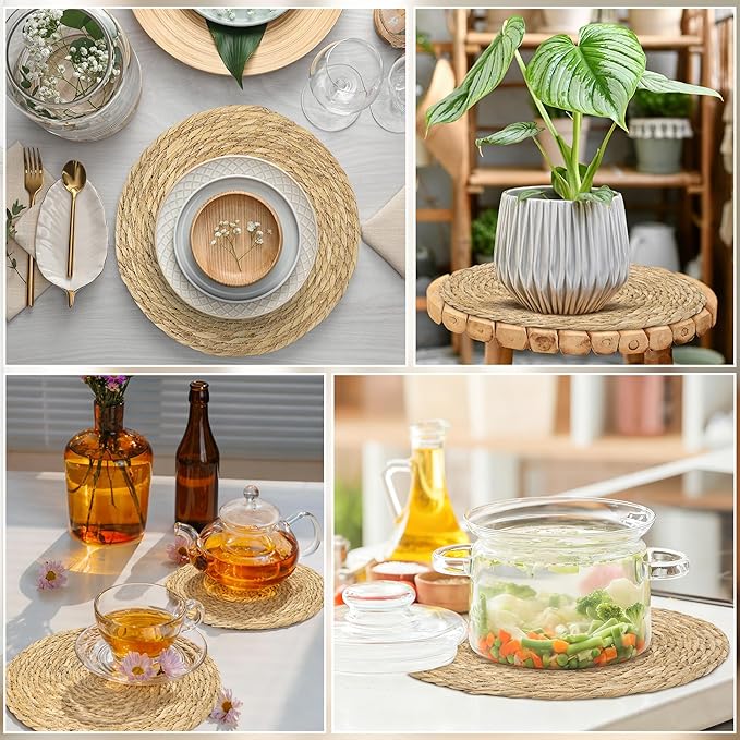 Elcoho 10 Pieces Round Woven Placemats 12 Inch Boho Rattan Placemats Farmhouse Braided Place Mats Woven Plate Chargers Rustic Wicker Table Mats for Dining Table