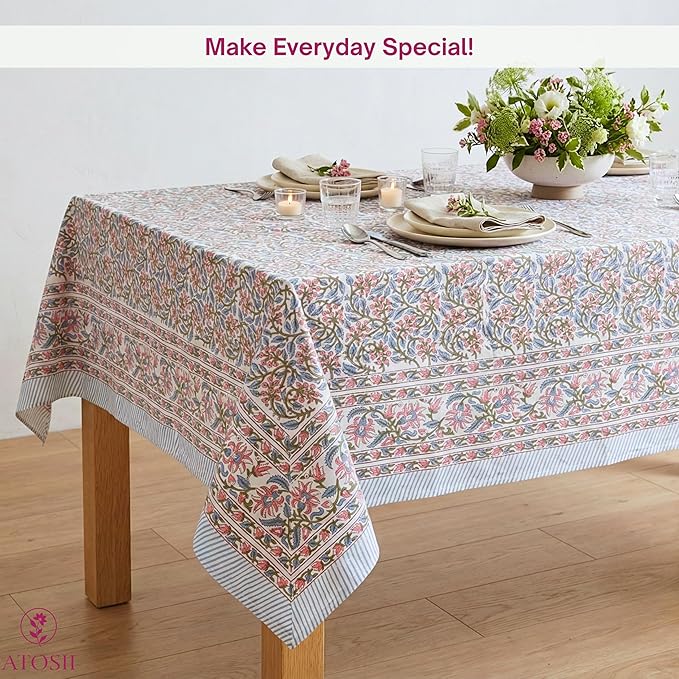 ATOSII Kalina 100% Cotton Rectangle Tablecloth, Handblock Floral Linen Table Cloth for Kitchen Dining Table I Parties Wedding Outdoors I Home Decor 60 X 108 Inches