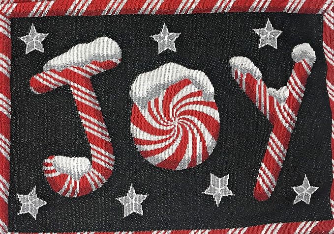 DaDa Bedding Starry Peppermint Joy Placemats - Set of 4 Festive Christmas Winter Holiday Tapestry - Red Black & White Cotton Linen Woven Yueltide Dining Table Mats - 13” x 19” (12904)