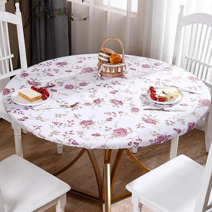 Walrus Round Vinyl Fitted Tablecloth with Flannel Backing Elastic Edge Design Table Cover Waterproof Oil-Proof PVC Table Cloth Stain-Resistant Best for 32"-36" Round