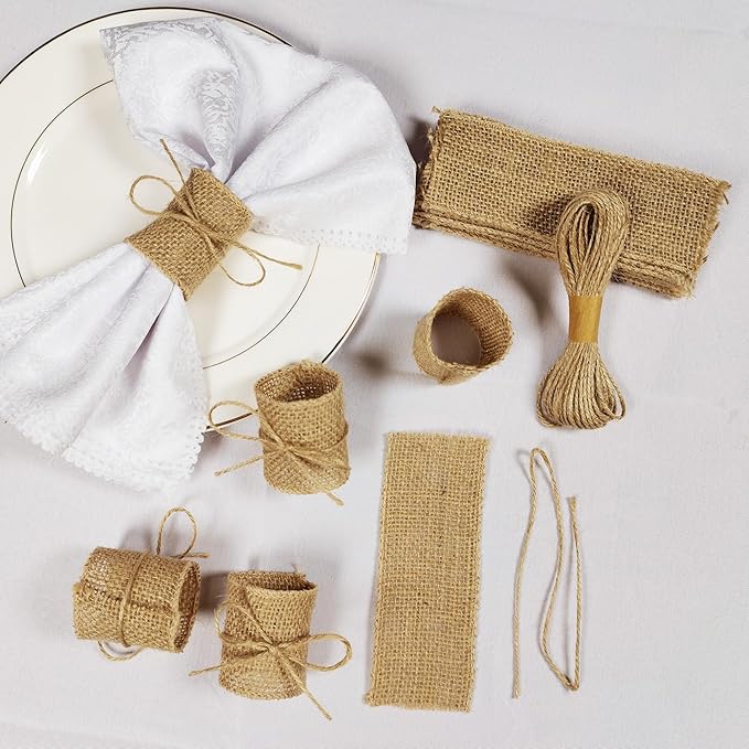 Natural Burlap Napkin Rings Set of 100 pcs with Jute Rope,Disposable Napkin Bands Bulk,Rustic Serviette Ring for Tables,Decorations,Wedding,Dinner,Country Party Decor
