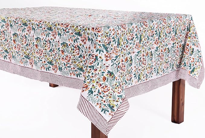 ATOSII Ambrosia Green 100% Cotton Boho Rectangle Spring Tablecloth, Handblock Floral Print Table Cloth Linen for Kitchen Dining I Parties Outdoors Weddings Easter Picnics I 72 X 108 Inches I 8 Seater