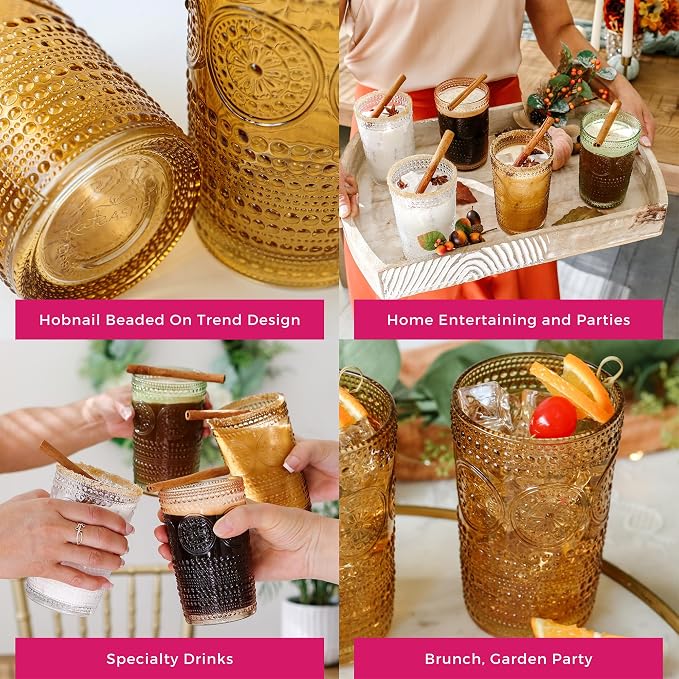 Hobnail Beaded Floral Amber Drinking Glasses Set of 6, Vintage Glassware Set by - Image 5