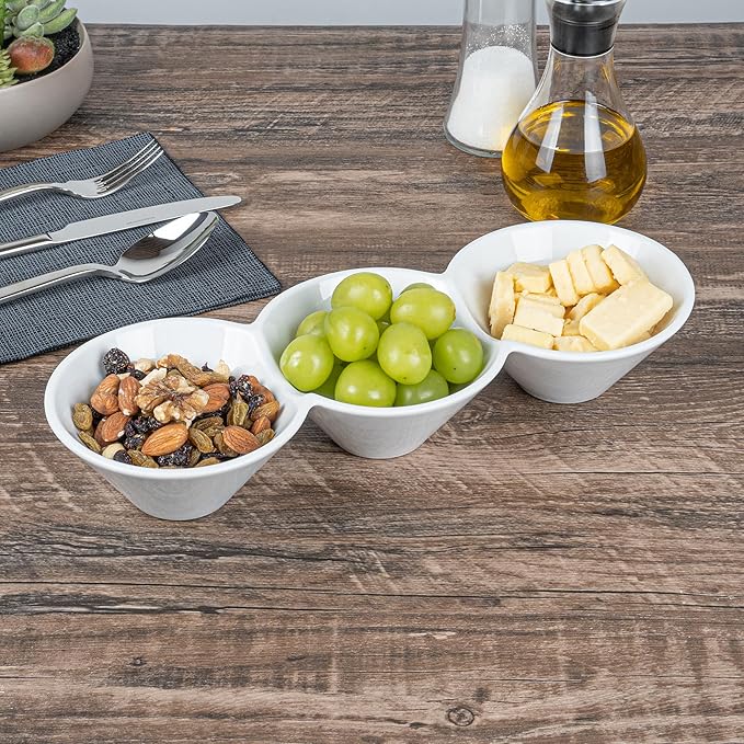 Restaurantware-13.4 x 4.9 x 2.3 Inch Triple Dip Bowls, 1 Microwavable Condiment Server - 3 Compartments, Microwavable, White Porcelain Dip Tray, Dishwashable, For Snacks, Condiments, Or Toppings
