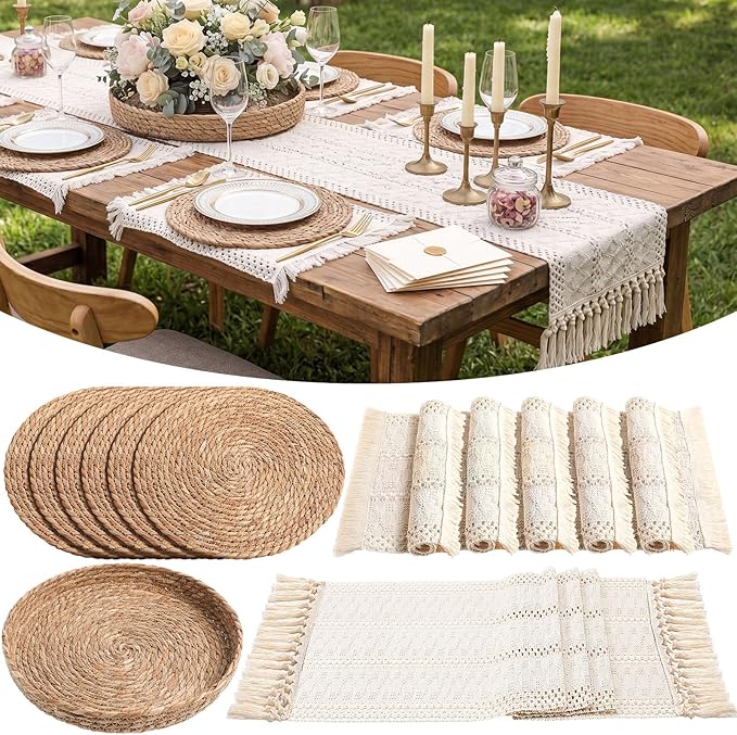 Boho Placemats 4/6/8 Set of Round Woven Placemat Macrame Style Bicolor by Gandeer