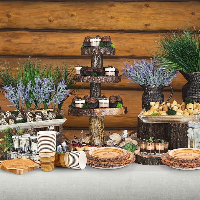 Kochorie 96 Pieces Camping Wood Grain Slice Tableware Set Rustic Wood Party Supplies Including Paper Plates Cups Napkins Serves 24 Guests for Hunting Baby Shower Lumberjack Birthday Party
